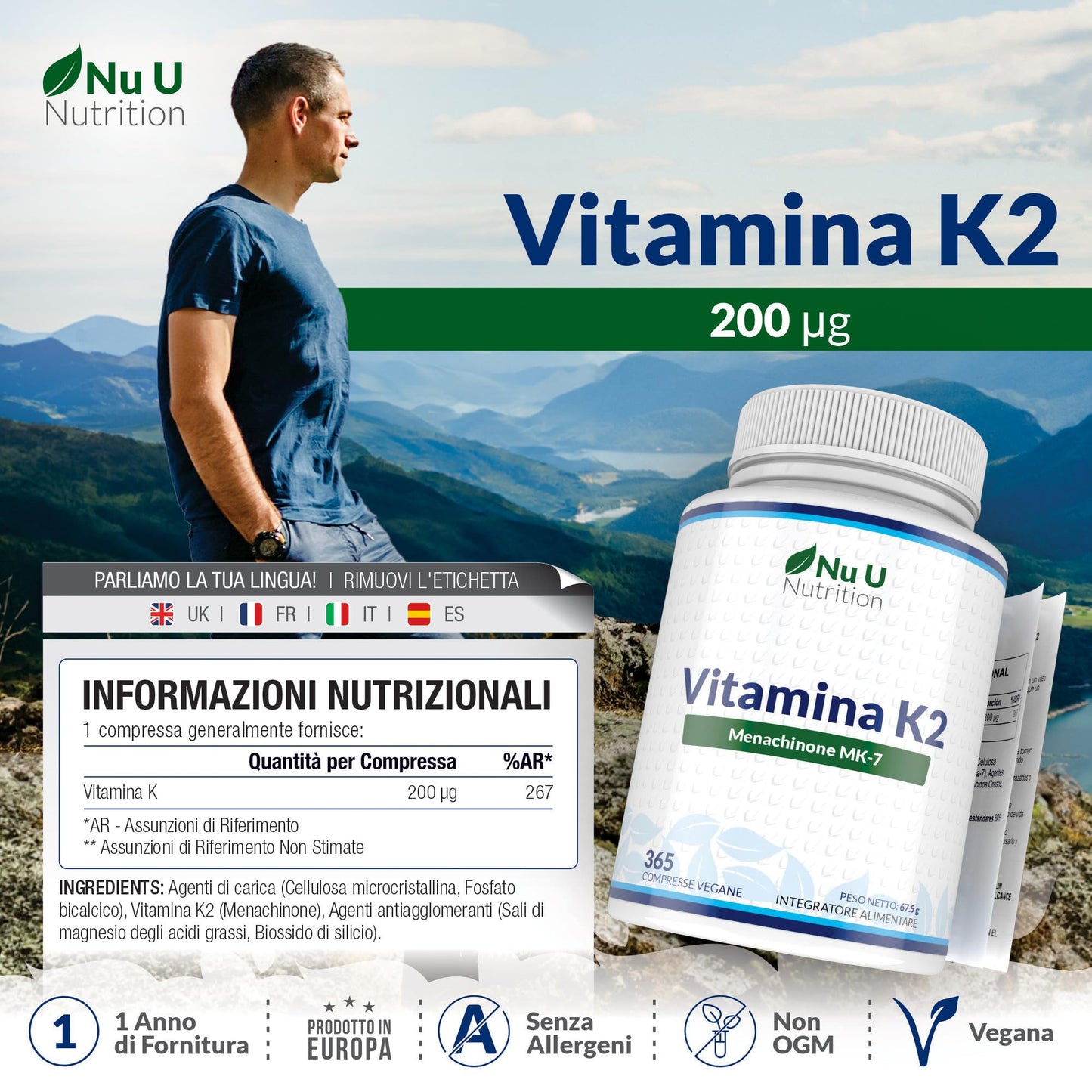 Vitamina K2 MK7 200mcg - 365 Compresse Vegane - 1 Anno di Scorta - Vit K2 Menachinone MK-7 - Nu U Nutrition