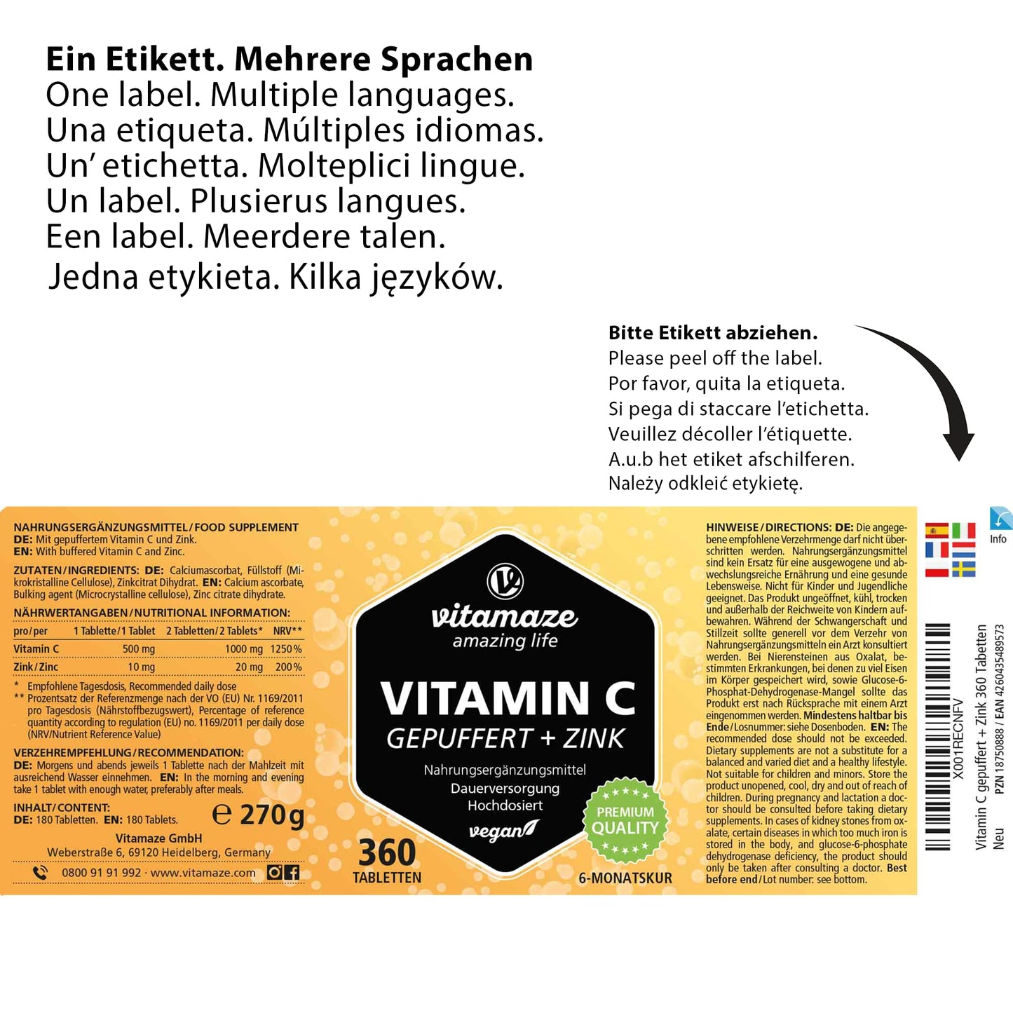 Vitamina C 1000mg (1 Anno) + Zinco + Bioflavonoidi, 360 Compresse, 1 Compresse per Giorno, Vegan Vitamina C Pura Dose Forte, Qualità Tedesca, Integratore Alimentare senza Additivi. Vitamaze®