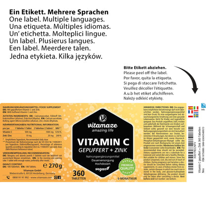 Vitamina C 1000mg (1 Anno) + Zinco + Bioflavonoidi, 360 Compresse, 1 Compresse per Giorno, Vegan Vitamina C Pura Dose Forte, Qualità Tedesca, Integratore Alimentare senza Additivi. Vitamaze®