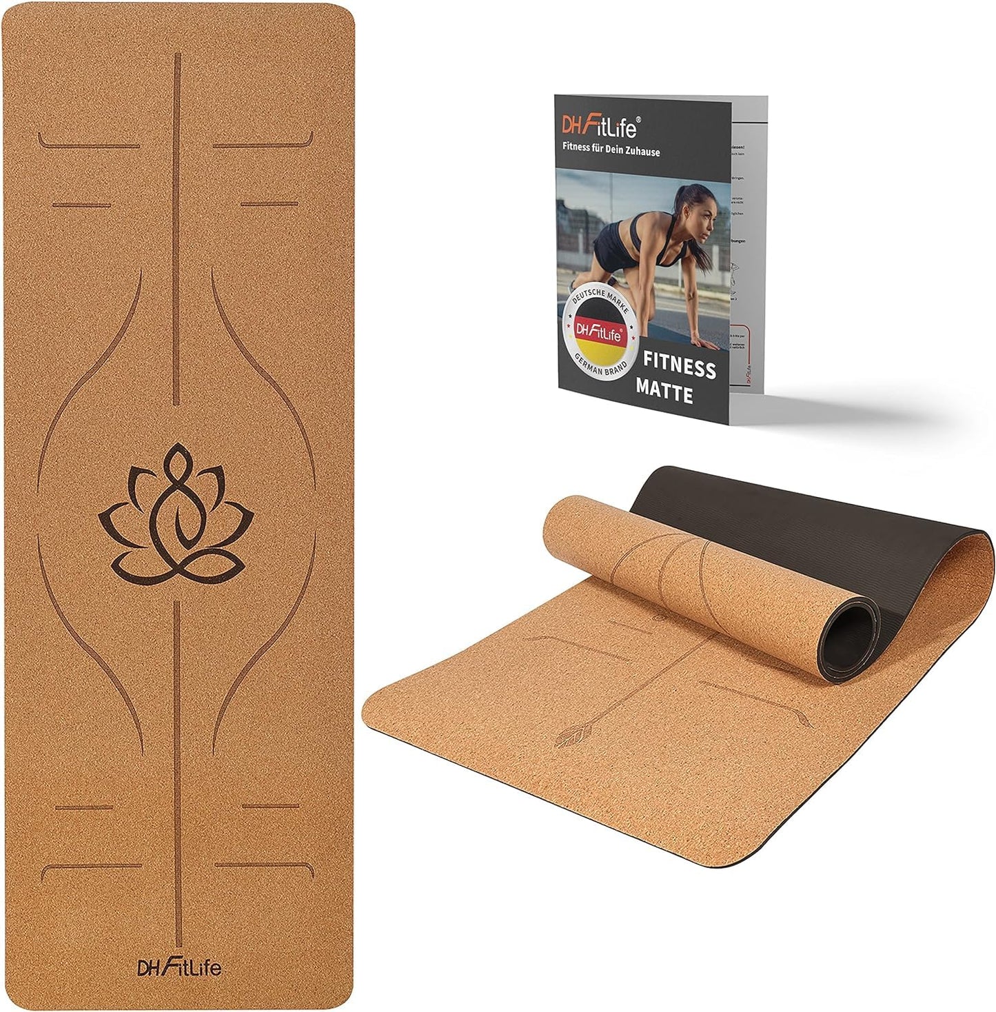 DH FitLife Tappetino da yoga in sughero e TPE, tappetino da ginnastica, 183 x 61 x 0,6 cm, tappetino da yoga antiscivolo, tappetino da yoga, spessore con linee di orientamento