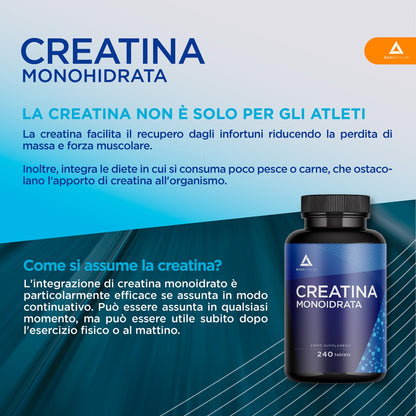 Bodyathlon- Creatina Monoidrata Creapure® 240 compresse- Creatina pura 3000mg per dose- Qualità guarantita senza additivi– Aumenta la massa musculare, forza e resistenza