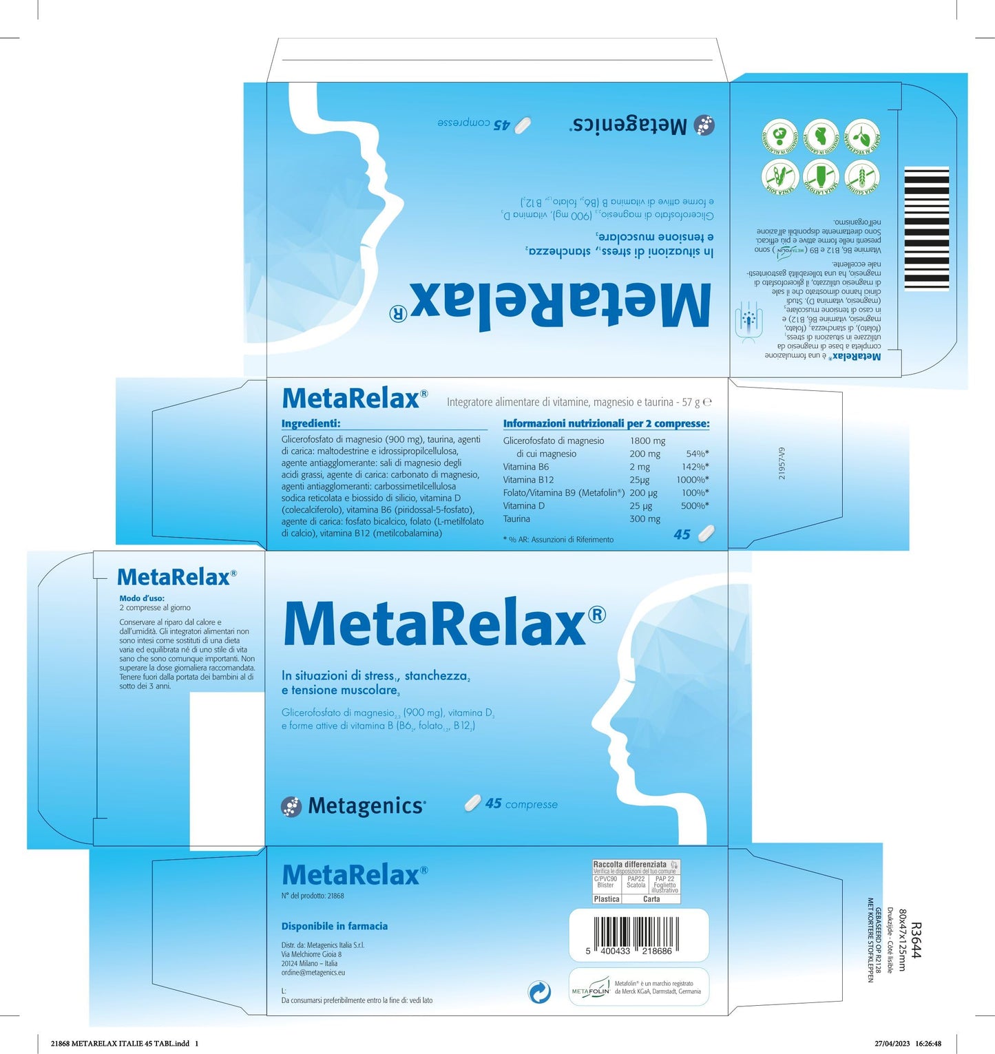 Metagenics - MetaRelax, In Situazioni di Stress, Stanchezza e Tensione Muscolare - 45 Compresse