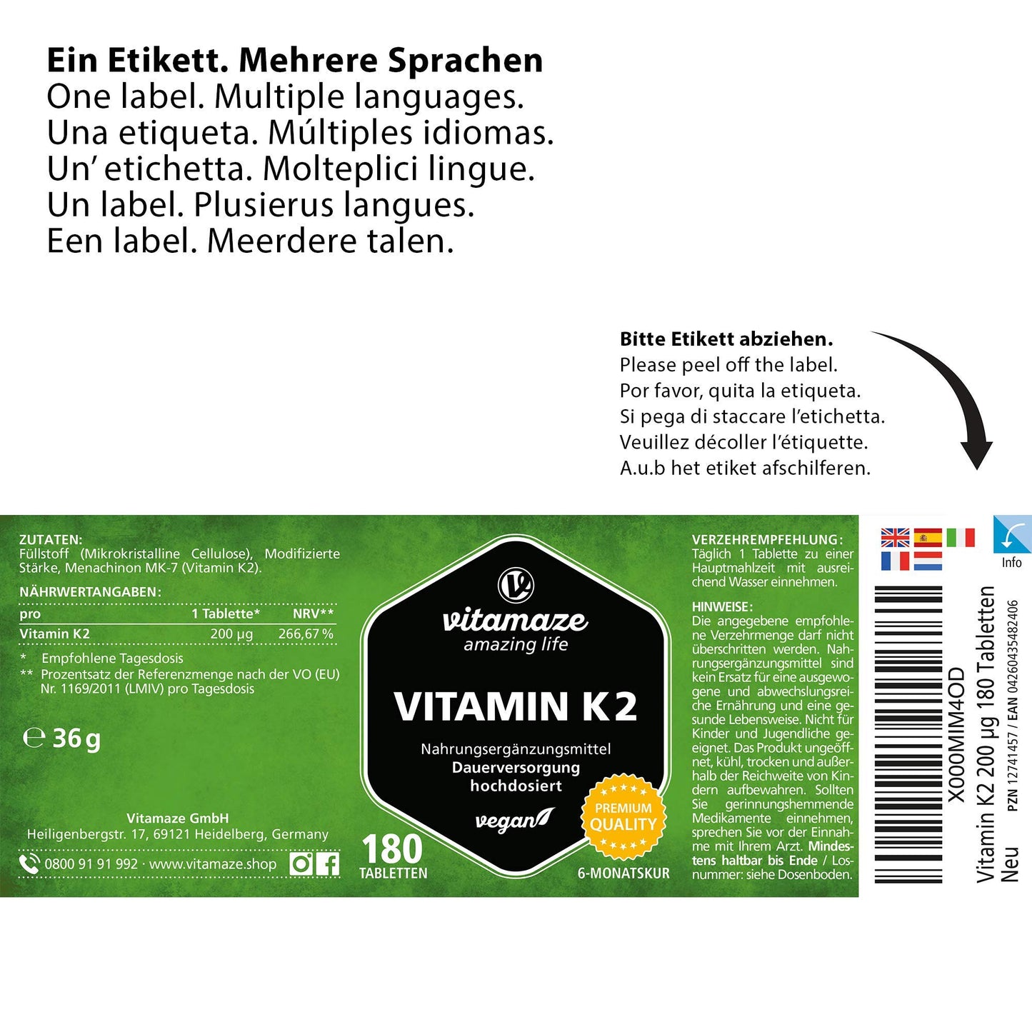 Vitamaze® Vitamina K2 MK-7 Alto Dosaggio Menachinone, 180 Compresse Vegan, Qualità Tedesca, Naturale Integratore Alimentare senza Additivi non Necessari