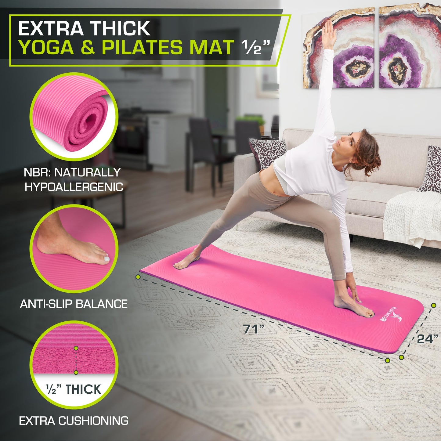 ProsourceFit Extra Thick Yoga and Pilates Mat ½” (13mm) or 1" (25mm), 71-inch Long High Density Exercise Mat with Comfort Foam and Carrying Strap