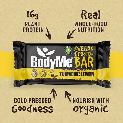 BodyMe Barrette Proteiche Vegan Bio | Cruda Curcuma Limone | 12 x 60g Barretta Proteica | Senza Glutine | 16g Proteine Vegane Complete 3 Proteine Vegetali Tutti Amminoacidi Essenziali | Snack Proteici