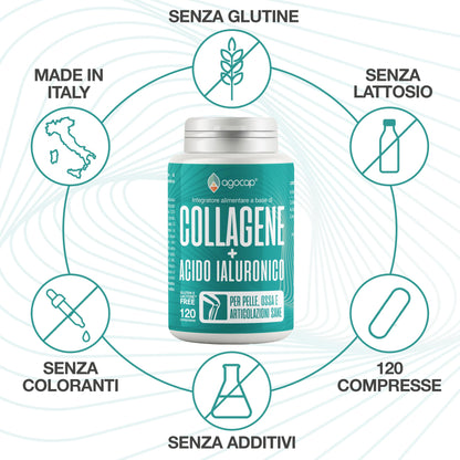 Collagene e Acido Ialuronico. Collagene idrolizzato, 120 compresse arricchite con Coenzima Q10. Collagene integratore, 1000mg con acido ialuronico compresse per pelle, ossa e Articolazioni, Agocap