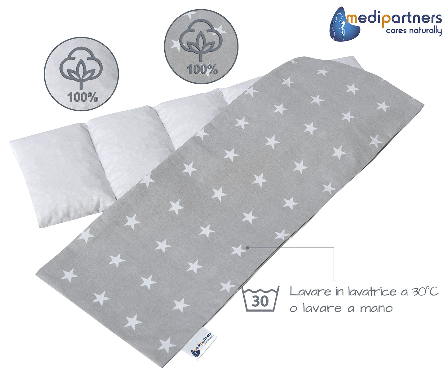 Medi Partners Cuscino Termico noccioli ciliegio 60x20cm 800g 100% Cotone 5 Camere Grande Terapia del freddo Federa sfoderabile (Stelle)