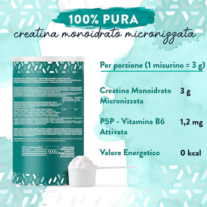 Creatina Monoidrata Polvere Micronizzata 200 Mesh 500g | Integratori Creatina Vegana Palestra Pre Workout, Intra & Post - Creatina Monoidrato Pura Creatine Monohydrate + B6 P5P - Creatina in Polvere