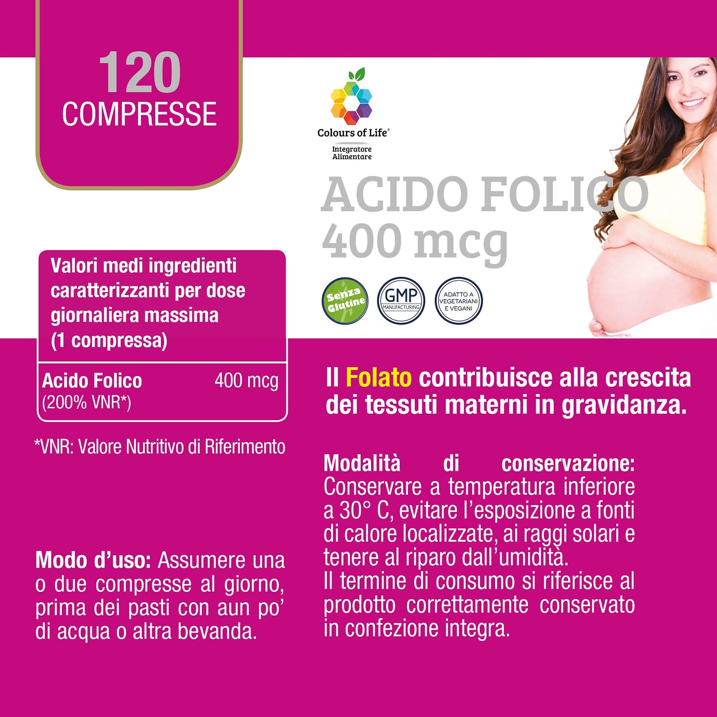 Optima Naturals Colours of Life Acido Folico 400 mcg - Integratore di Contribuisce alla Crescita dei Tessuti Materni Gravidanza Senza Glutine Vegano, 120 Compresse