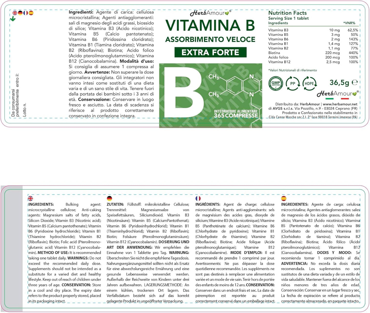 VITAMINA B EXTRA FORTE I 365 Compresse (Scorta Per 12 Mesi)| Complex di Vitamina B con Vitamina B1, B2, B3, B5, B6, B12, con Biotina, Acido Folico e Vitamina B12