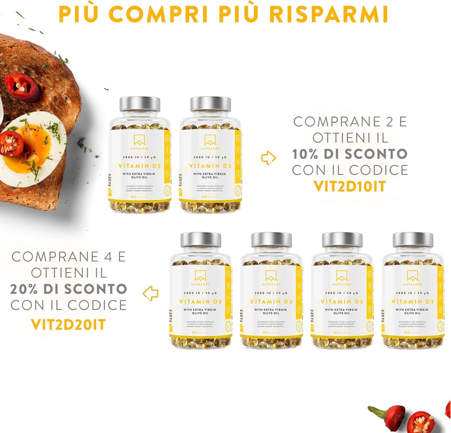 Vitamina D3 2000 UI [Fornitura di 1 Anno] - Integratore Vitamina D 2000 UI con Olio EVO per assorbimento ottimale - Non OGM - Contribuisce alla funzione ossea, muscolare e immunitaria - 365 Capsule