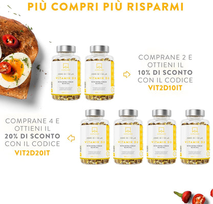 Vitamina D3 2000 UI [Fornitura di 1 Anno] - Integratore Vitamina D 2000 UI con Olio EVO per assorbimento ottimale - Non OGM - Contribuisce alla funzione ossea, muscolare e immunitaria - 365 Capsule