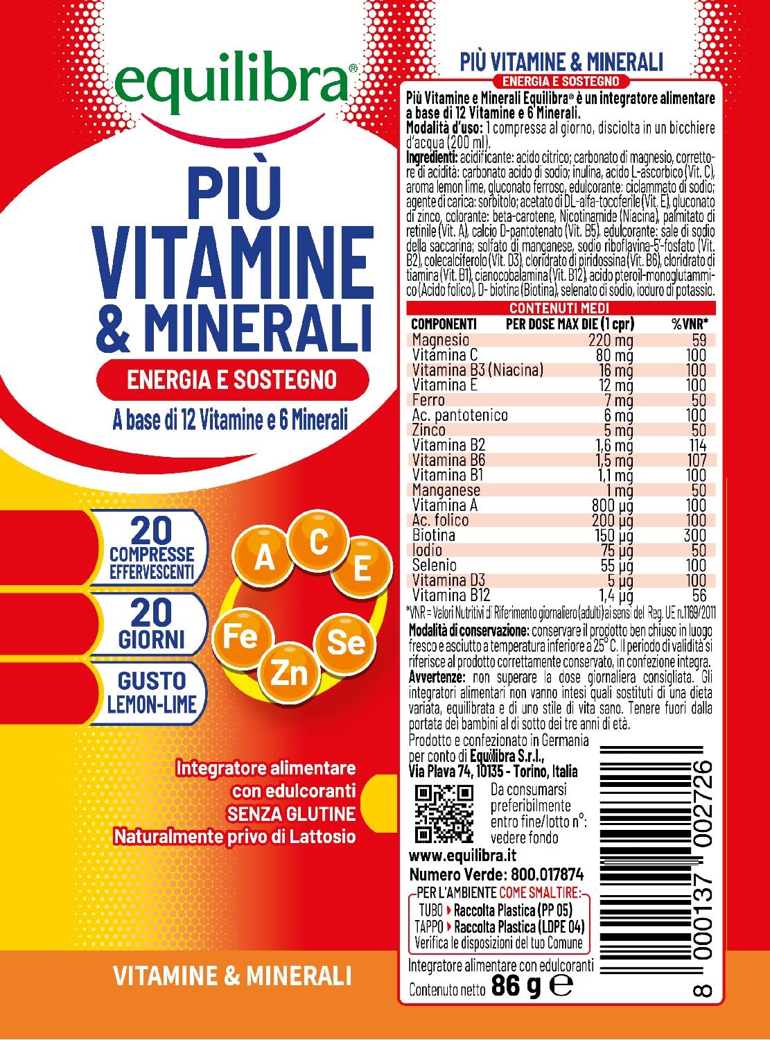 equilibra Integratori Alimentari, Più Vitamine e Minerali, Integratore Multivitamine con 12 Vitamine e 6 Minerali per Efficienza e Vitalità, Gusto Lemon Lime, 20 Compresse Effervescenti