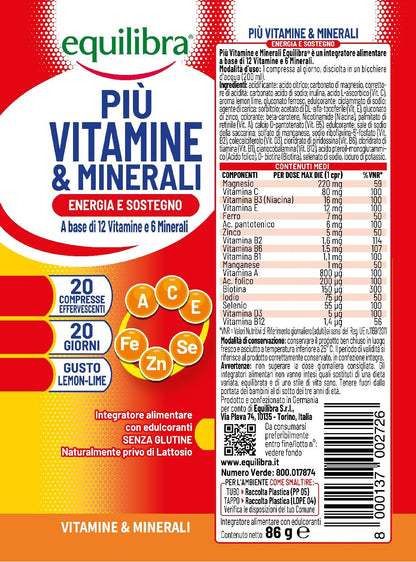 equilibra Integratori Alimentari, Più Vitamine e Minerali, Integratore Multivitamine con 12 Vitamine e 6 Minerali per Efficienza e Vitalità, Gusto Lemon Lime, 20 Compresse Effervescenti