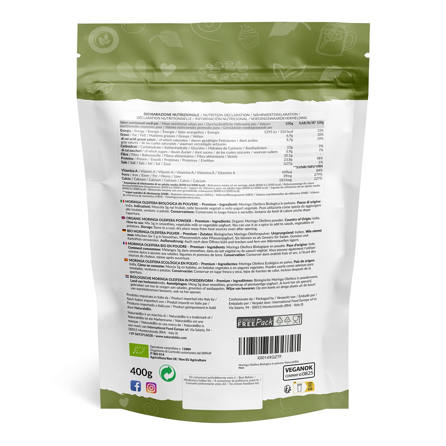 Moringa Oleifera Bio in Polvere - Qualità Premium - 400g. Biologica, Naturale e Pura. Foglie Raccolte dalla Pianta di Moringa Oleifera. NaturaleBio