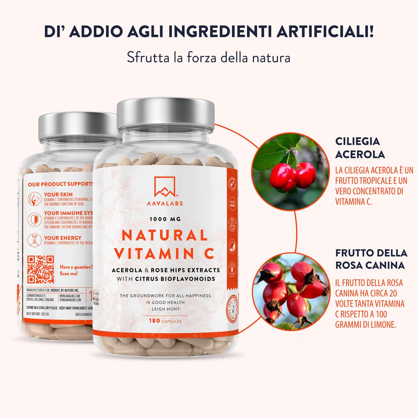 Vitamina C 1000mg Vegan - Integratore Vitamina C Naturale Alto Assorbimento con Bioflavonoidi, Rosa Canina, Acerola - 1000 Vitamina C Pura per dose - Vitamin C Difese Immunitarie 180 Capsule