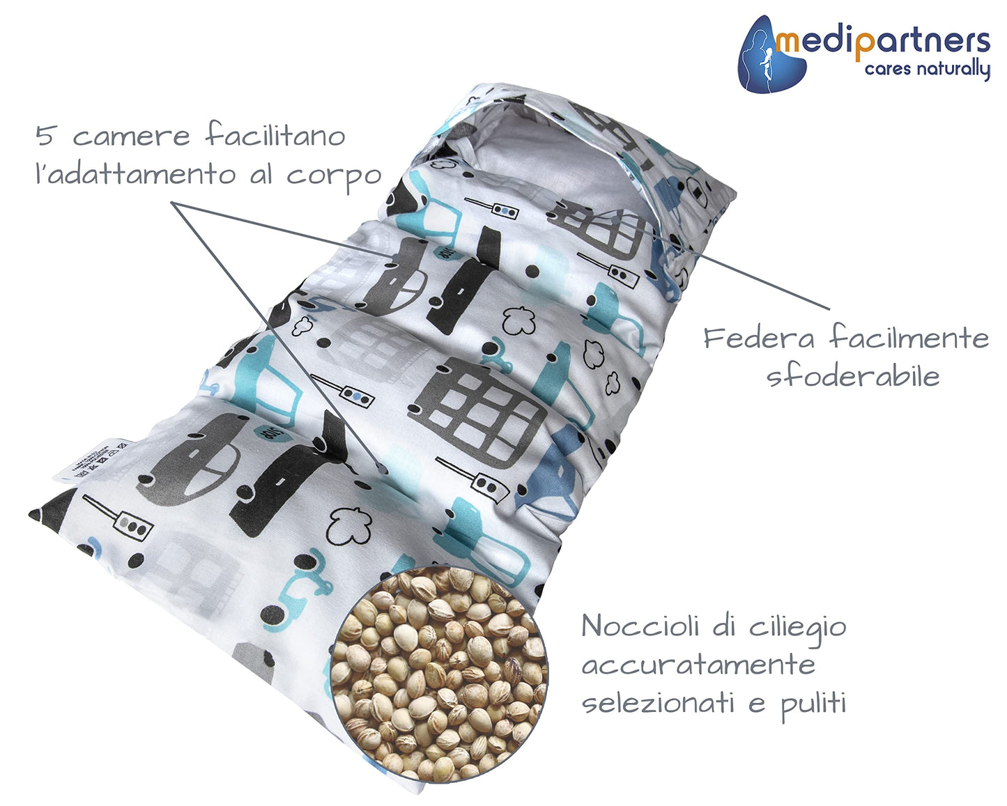 Medi Partners Cuscino Termico noccioli ciliegio 60x20cm 800g 100% Cotone 5 Camere Grande Terapia del freddo Federa sfoderabile (Stelle)