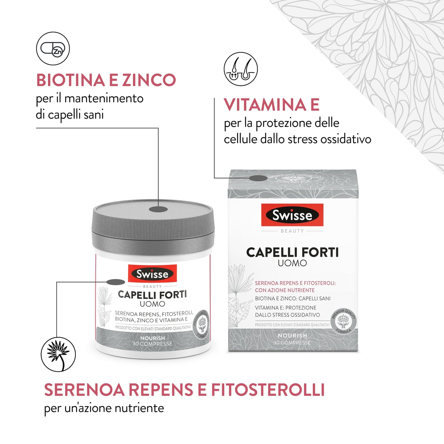 Swisse Capelli Forti Uomo, Integratore Alimentare che Combina Vitamine, Minerali e Ingredienti di Origine Naturale, Utili per Mantenere la Forza del Capello, 30 Compresse da 1250 mg