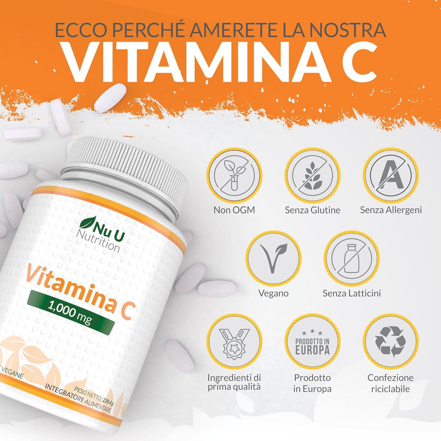 Vitamina C 1000mg Pura Alto Dosaggio - 180 Compresse Vegane - 6 Mesi di Fornitura - Acido Ascorbico - Senza GMO - Integratori alimentari di Nu U Nutrition