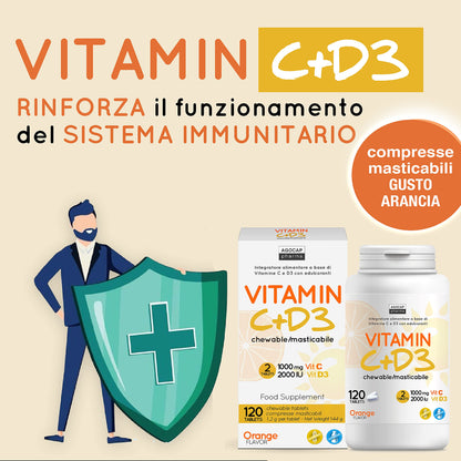 Vitamina C+D3, 120 compresse MASTICABILI, Vitamina C 1000mg + Vitamina d 2000 ui per dose giornaliera. Per difese immunitarie. Vitamina D e C, Agocap