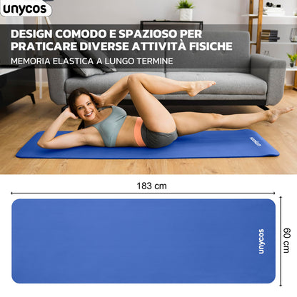 unycos - Tappetino Antiscivolo da Yoga, Pilates e Ginnastica Extra Spesso 10/15 mm, 183x60 cm, Materassino Fitness con Schiuma NBR Confortevole, Tracolla, Borsa ed E-Book di 50 Esercizi