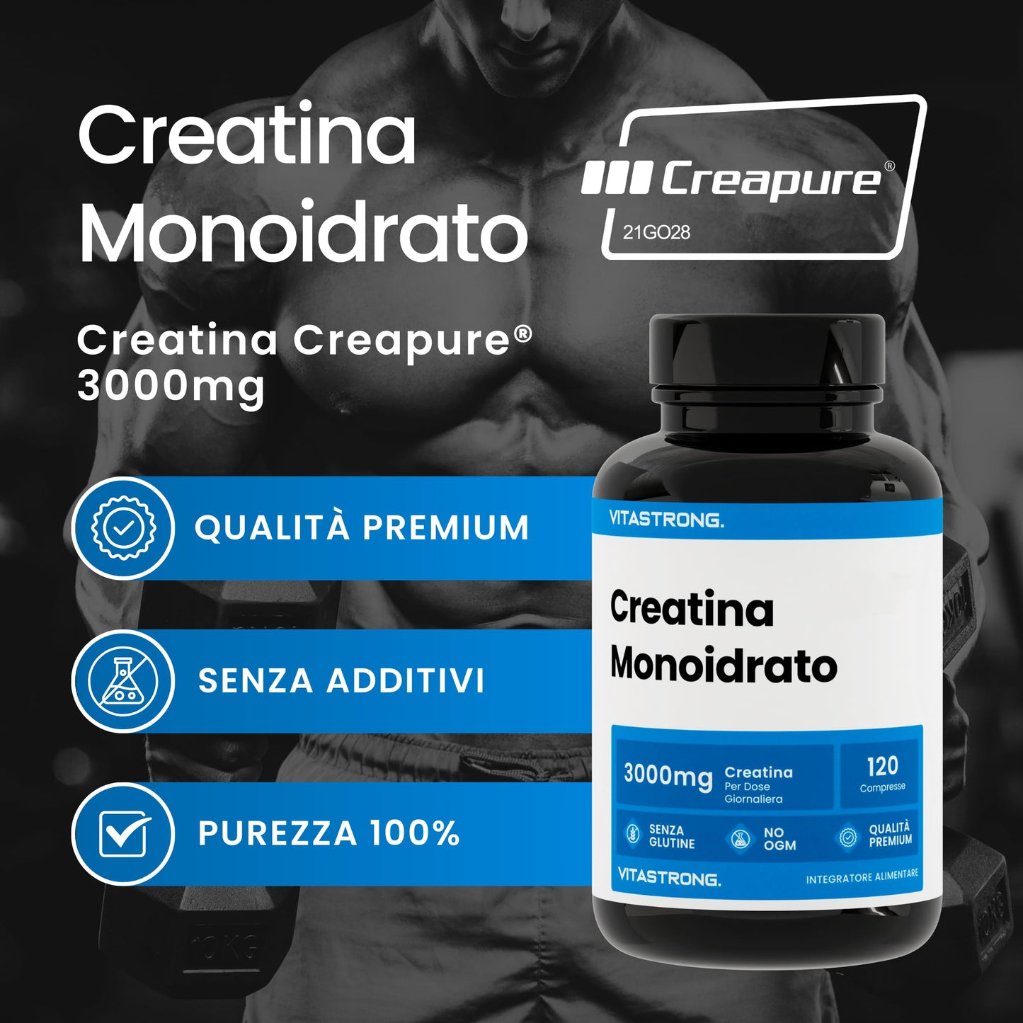 Creatina Monoidrato SOLO 100% CREAPURE® | Vitastrong Creatina in Polvere Pura | Fine e Solubile | per Sviluppo Massa Muscolare e Preworkout