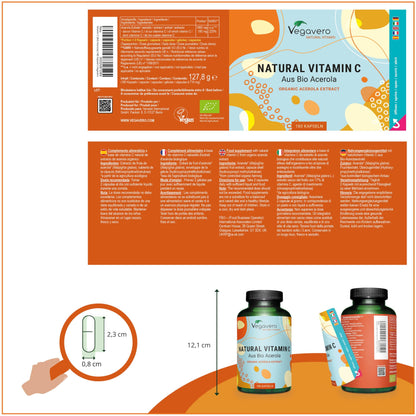 Vitamina C Naturale BIO | 1060 mg di Acerola | L’unica Biologica e Senza Additivi | Integratore per Sistema Immunitario e Antiossidante | 180 capsule | Vegan