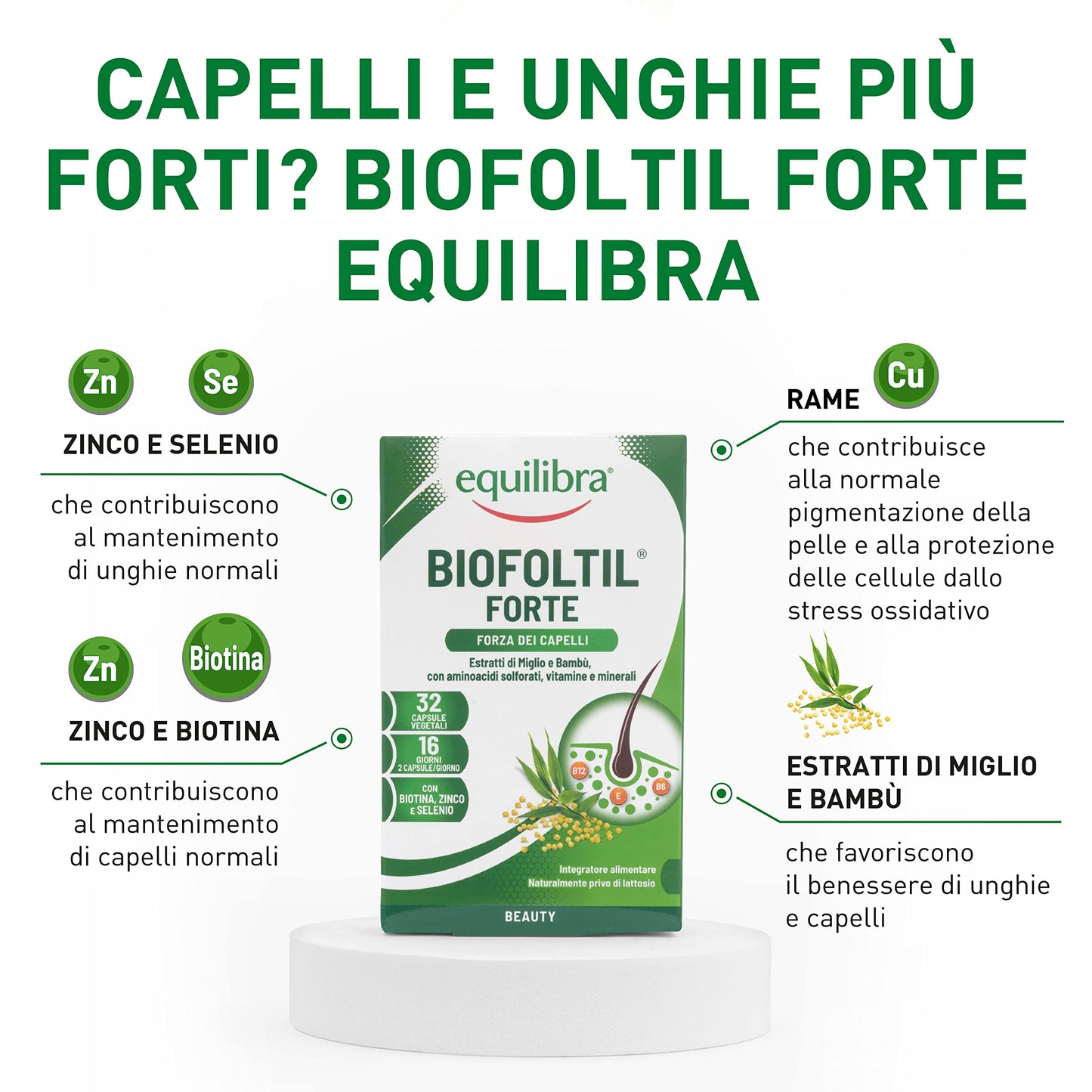 equilibra Integratori Alimentari, Biofoltil Forte, Integratore per il Benessere di Capelli e Unghie, a Base di Zinco, Selenio e Rame, con Ortica, Miglio e Bambù, 32 Capsule