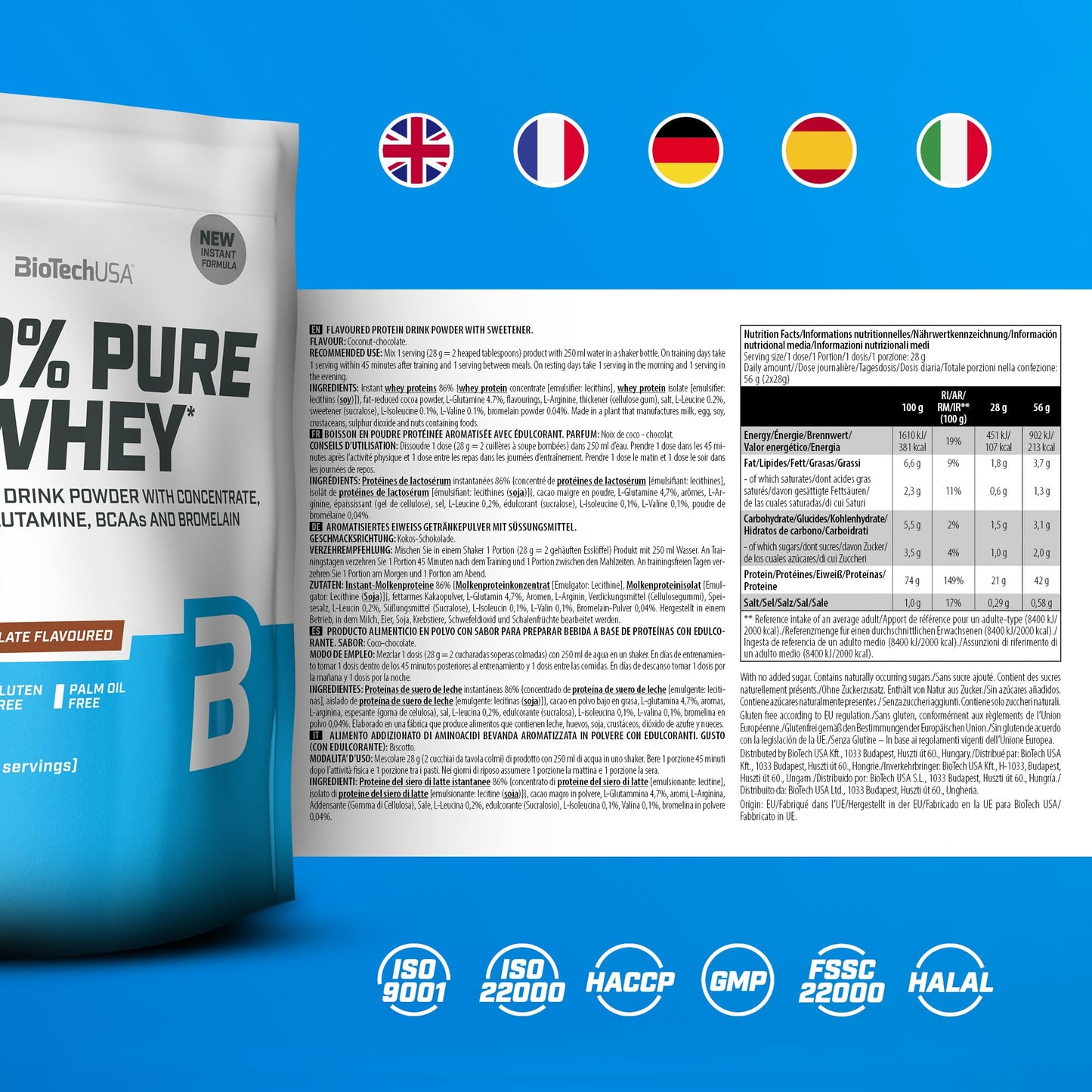 BioTechUSA 100% Pure Whey Complesso proteico del siero di latte con bromelina, aminoacidi, senza zuccheri aggiunti, senza olio di palma e con edulcorante, 1 kg, Cioccolato