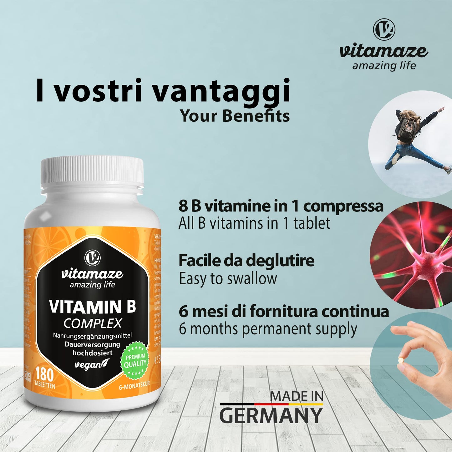 Vitamaze® Biotina Capelli + Selenio + Zinco, 365 Compresse (1 Anno) Crescita di Capelli, Pelle e Unghie Sani, Vitamina B7, Integratori per Capelli, Qualità Tedesca