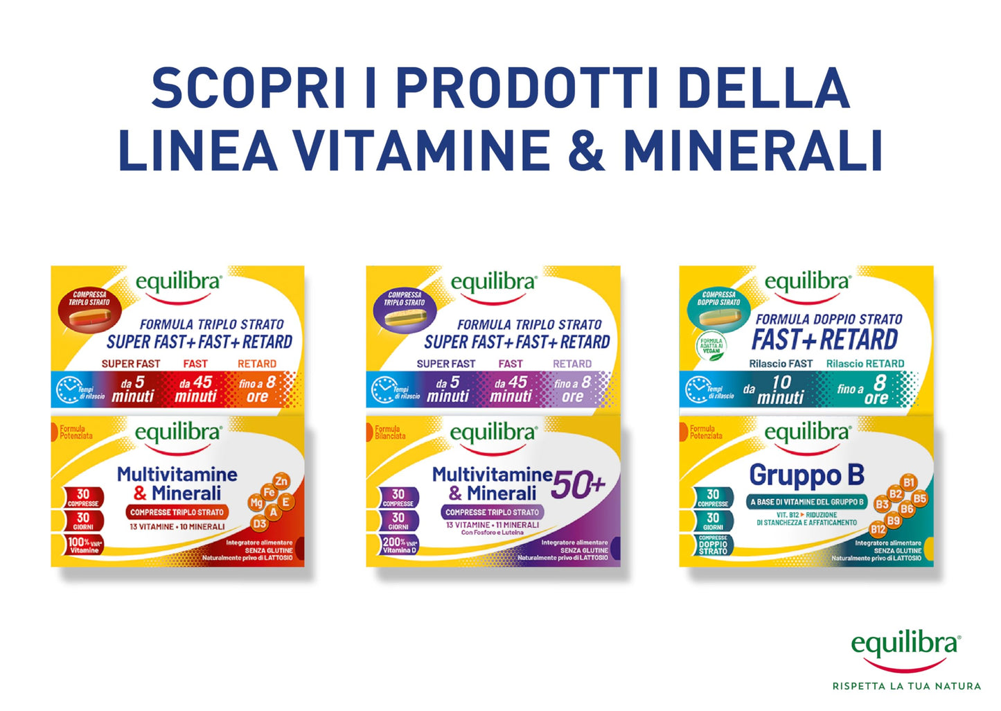 equilibra Integratori Alimentari, Multivitamine & Minerali 50+, Formula Potenziata, Energia, Sostegno, Funzioni Cognitive, 30 Compresse Triplo Strato a Rilascio Differenziato nel Tempo