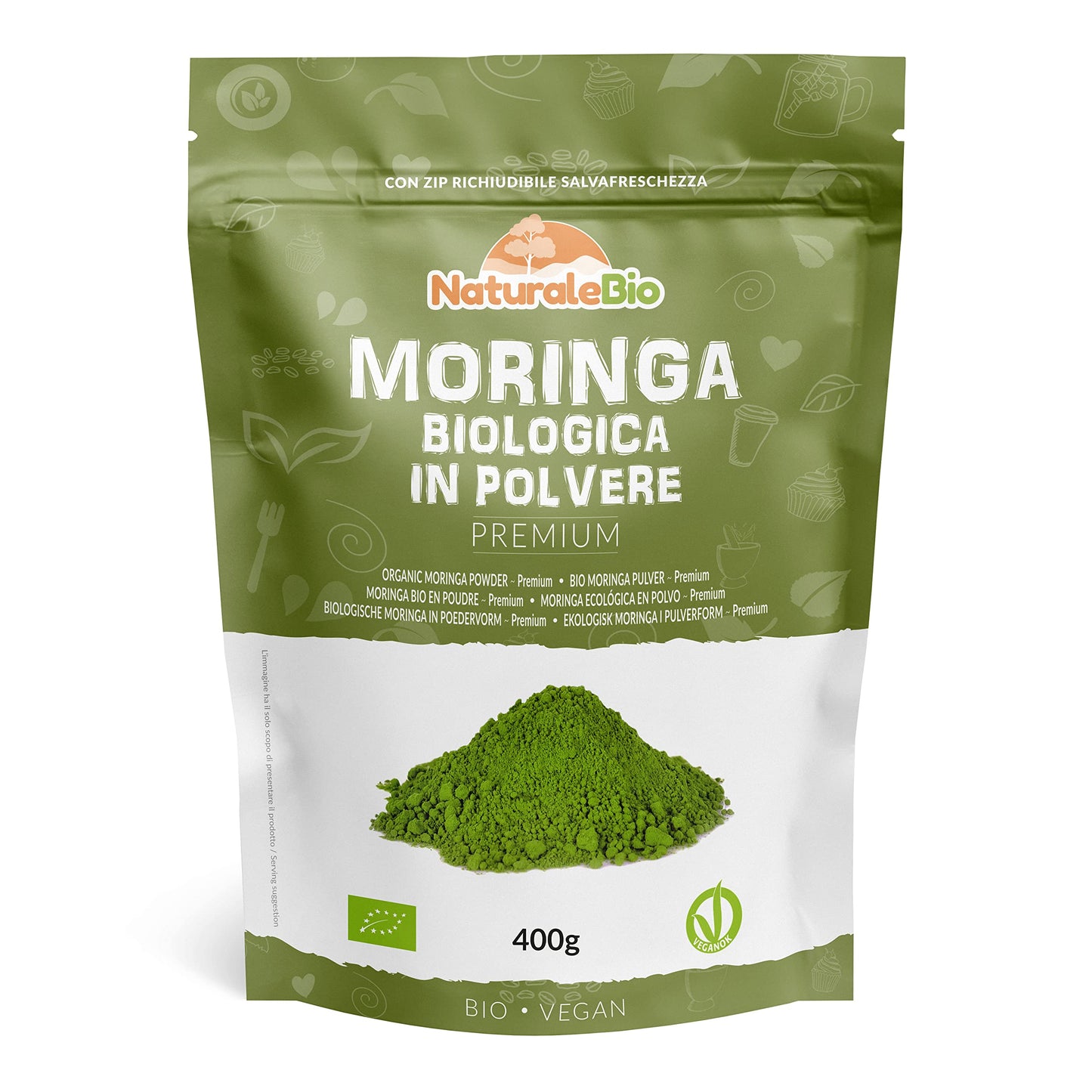 Moringa Oleifera Bio in Polvere - Qualità Premium - 400g. Biologica, Naturale e Pura. Foglie Raccolte dalla Pianta di Moringa Oleifera. NaturaleBio