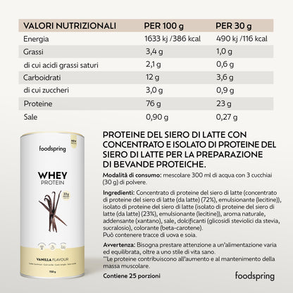 foodspring - Proteine Whey in polvere Cioccolato - Con 21 g di proteine per l'aumento muscolare, perfetta solubilità, ultra-filtrate & ricche di BCAA ed EAA - gusto pieno e delizioso (750 g)