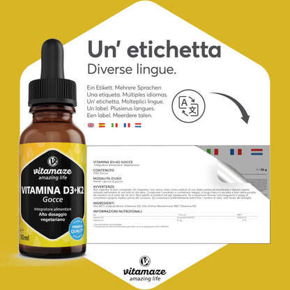 Vitamaze® Vitamina D3 K2 (+1 Anno) di Alto Dosaggio Vitamina D3 + 20 mcg Vitamina K2 al Giorno, 180 Piccole Compresse Vegetariane, Elevata Biodisponibilità, Qualitá Tedesca