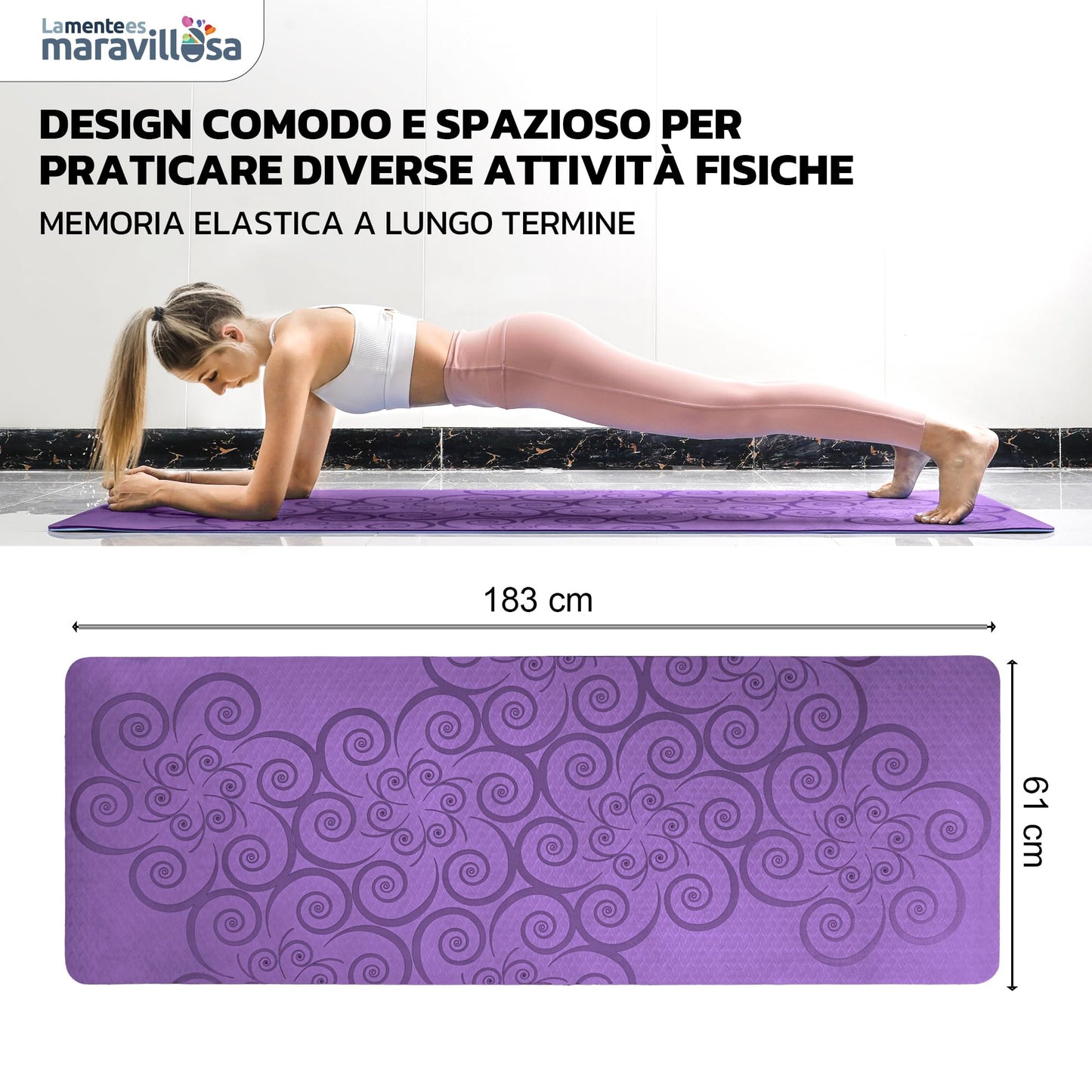 LA MENTE ES MARAVILLOSA - Tappetino per Yoga, Pilates, Fitness o Altri Sport, Tappetino Antiscivolo in TPE con Borsa a Tracolla, Tappetino da Allenamento 183 x 61 cm