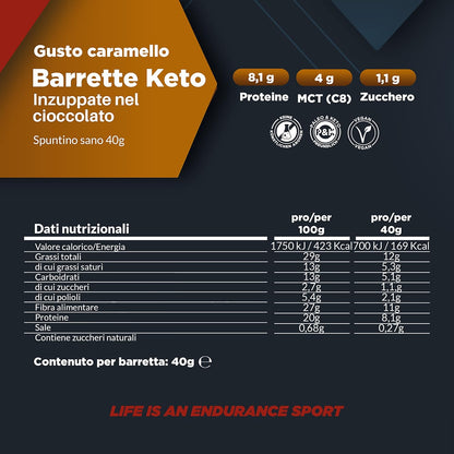 Daily Endurance | Keto Bar | 12 Barrette Proteiche Rivestite di Saccarosio | Miglior Keto in Movimento per Merendine | Barrette Low Carb, Paleo e Keto | Vegane e Sane | 480 g Caramello