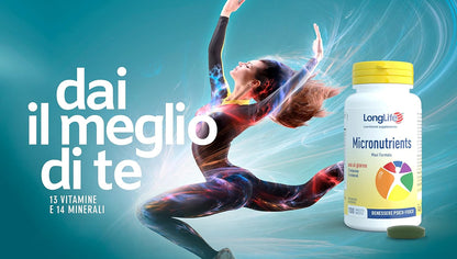 LongLife® Micronutrients 100 tav | Integratore multivitaminico | Alto dosaggio | Benessere psicofisico | Sostegno immunitario, psicologico, muscolare | Oltre 3 mesi di trattamento | Senza glutine