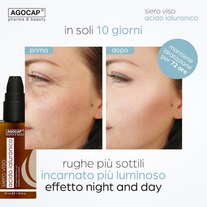 Siero ACIDO IALURONICO Viso con Vitamina C, Retinolo e Vitamina D. Antirughe 50 ml, ottimo per la tua skincare routine. Idratante per uomo e donna. contorno occhi, Agocap