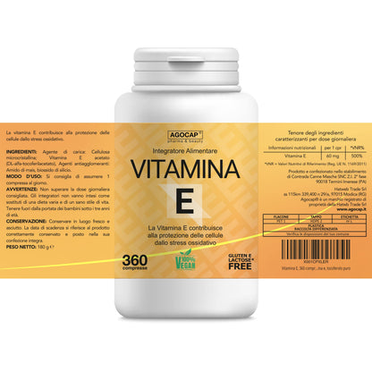 Vitamina E, 360 compresse | Prodotto in Italia, alto dosaggio | Vitamina E pura, massimo dosaggio consentito dalla normativa Italiana | Agocap, integratore vitamina e, tocoferolo puro