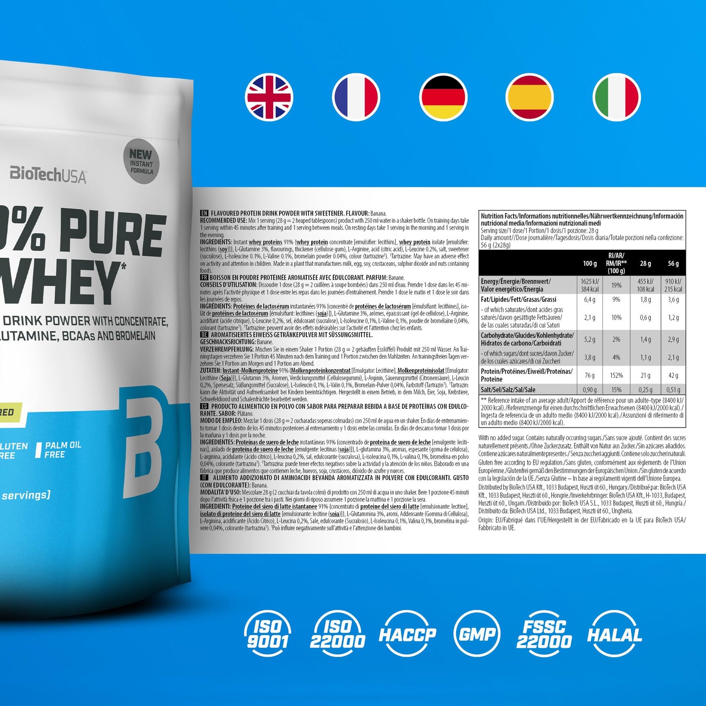 BioTechUSA 100% Pure Whey Complesso proteico del siero di latte con bromelina, aminoacidi, senza zuccheri aggiunti, senza olio di palma e con edulcorante, 1 kg, Cioccolato