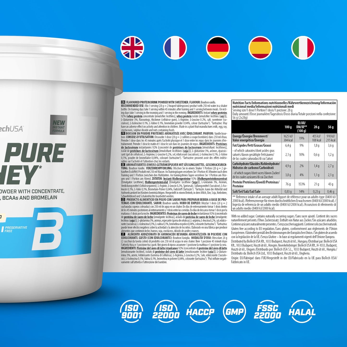 BioTechUSA 100% Pure Whey Complesso proteico del siero di latte con bromelina, aminoacidi, senza zuccheri aggiunti, senza olio di palma e con edulcorante, 1 kg, Cioccolato