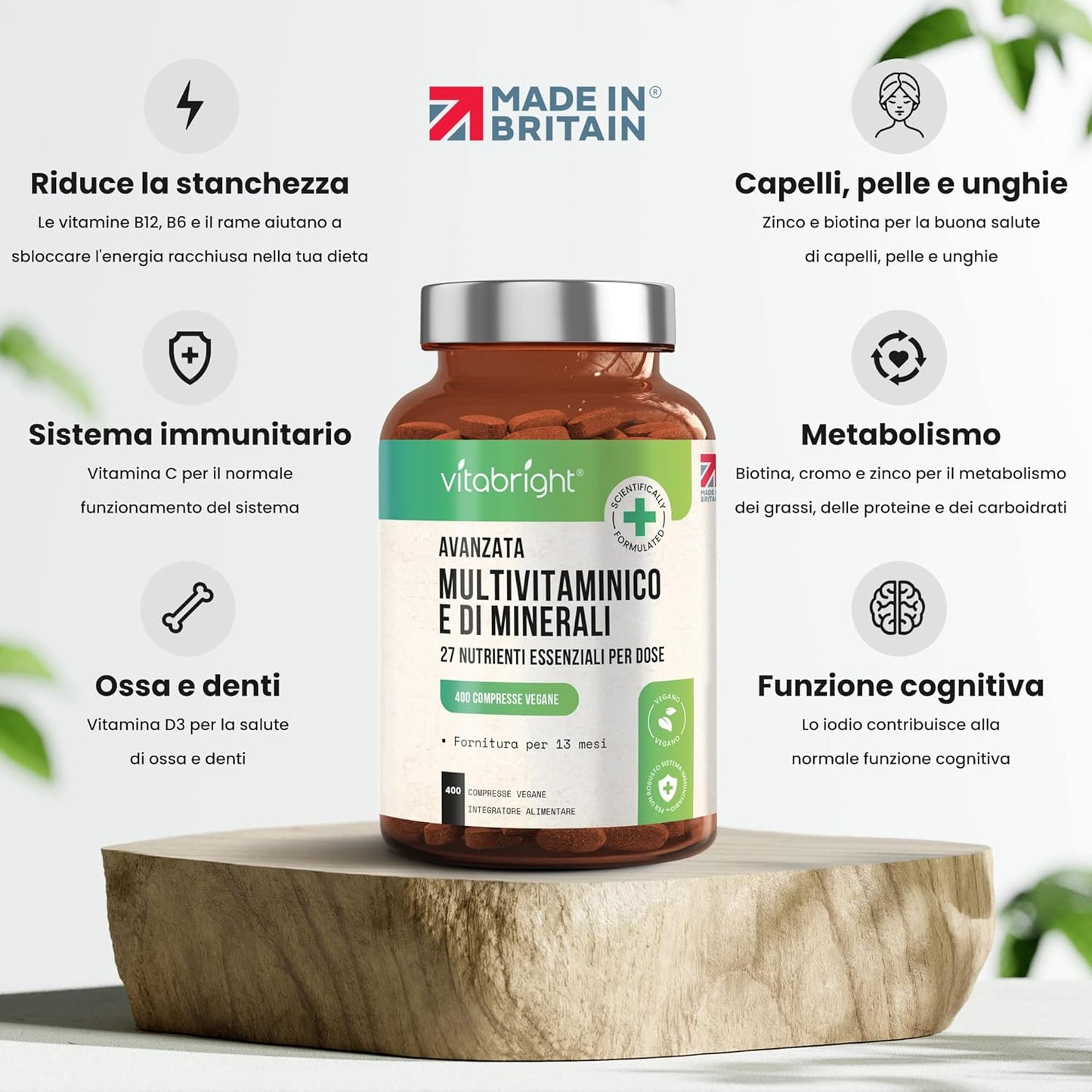 Multivitaminico Completo Uomo/Donna 100% Tutte Vitamine, 400 Giorni, Integratori Stanchezza/Integratore Multivitaminico Donna 50 Piu/Uomo/Bambini, Ogni Vitamina - Multivitaminico e Minerali VitaBright