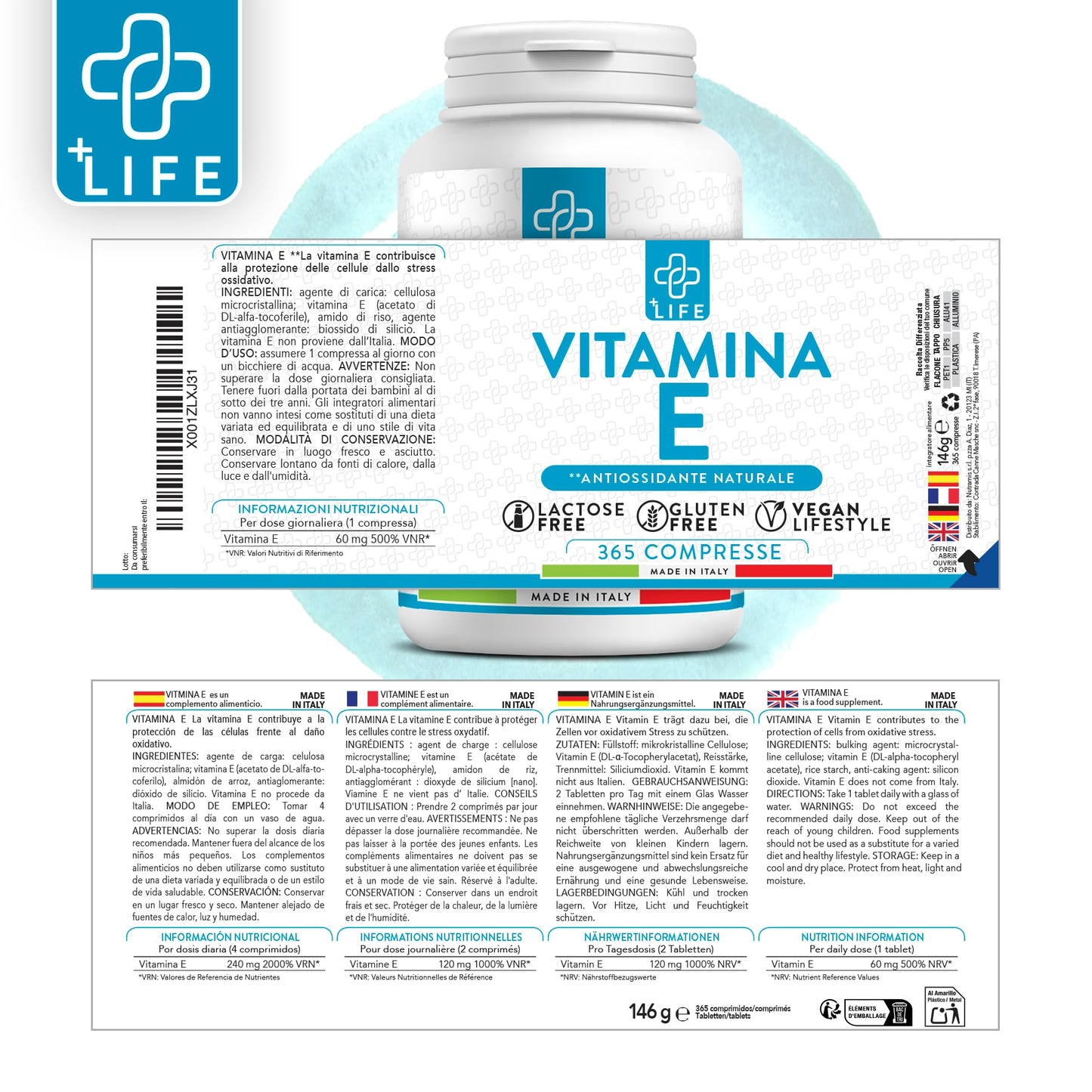 Vitamina E Pura 365 Dosi PiuLife® 60mg Per Compressa 89UI, Integratore Vitamina E Per Viso Pelle, Occhi Vista, Vitamine Per Capelli, Benessere Antiossidanti Integratori