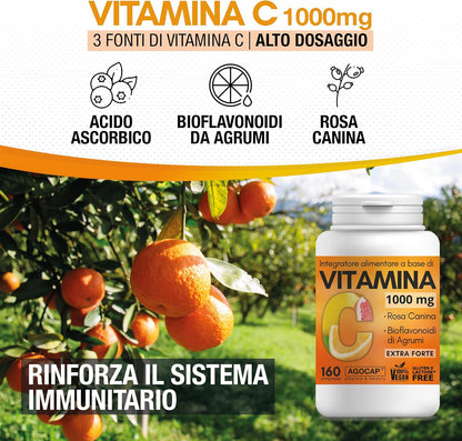 Vitamina C 1000mg, 160 compresse Vegane con Bioflavonoidi da Agrumi e Rosa Canina, alto assorbimento. Rinforza il sistema immunitario | Vitamina C pura. Made in Italy, Agocap