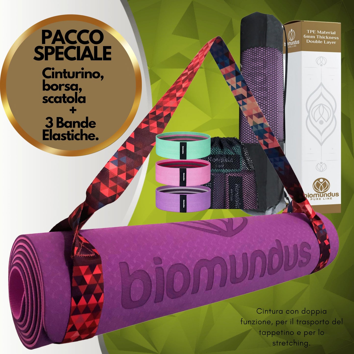 biomundus tappetino yoga antiscivolo + cinghia per lo Yoga + linee di posizione+ borsa tappetino fitness pieghevole tappetino palestra casa tappeto yoga mat