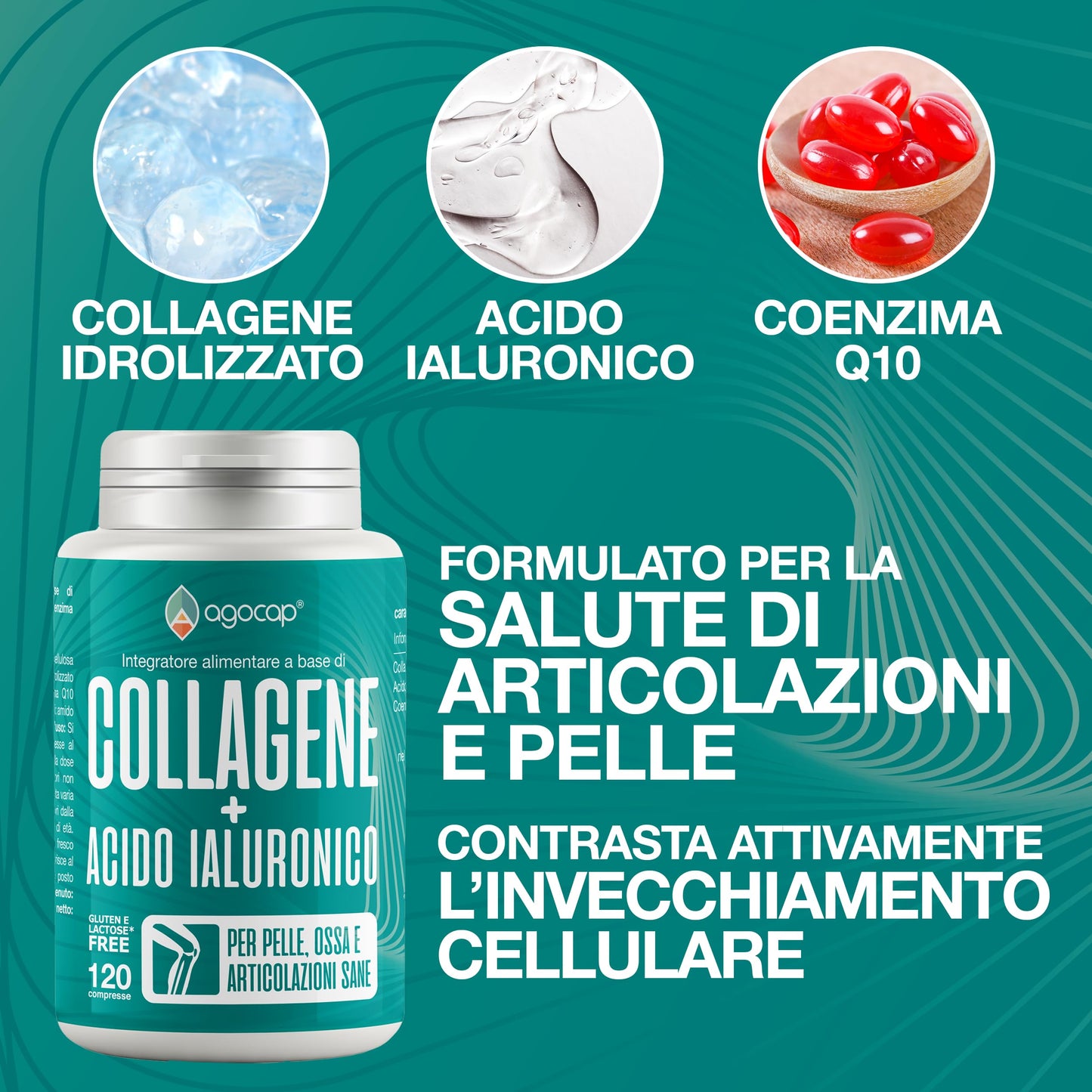 Collagene e Acido Ialuronico. Collagene idrolizzato, 120 compresse arricchite con Coenzima Q10. Collagene integratore, 1000mg con acido ialuronico compresse per pelle, ossa e Articolazioni, Agocap