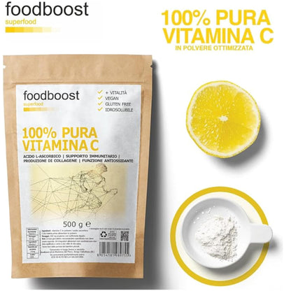 100% Vitamina C in polvere Pura 1 Kg - foodboost - senza additivi, conservanti, edulcoranti. Per Collagene, supporto immunitario, ossa e articolazioni. marchio di fiducia italiano