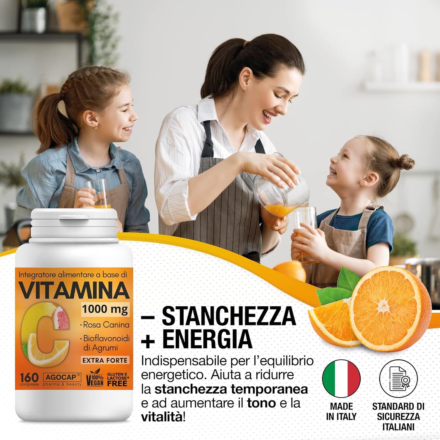 Vitamina C 1000mg, 160 compresse Vegane con Bioflavonoidi da Agrumi e Rosa Canina, alto assorbimento. Rinforza il sistema immunitario | Vitamina C pura. Made in Italy, Agocap