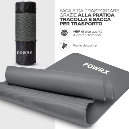 POWRX Tappetino Fitness Antiscivolo 190 x 60, 80, 100 cm - Ideale per Yoga, Pilates e Ginnastica - Extra Morbido e Spessore da 1,5 cm o 1 cm - Ecocompatibile con Tracolla e Sacca Trasporto + Poster