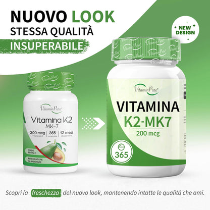 VitaminPure VITAMINA K2 MK-7 200mcg All Trans, 365 Compresse Vegane di Origine Naturale (Natto), Scorta 1 Anno, Vit K2 Menachinone MK-7